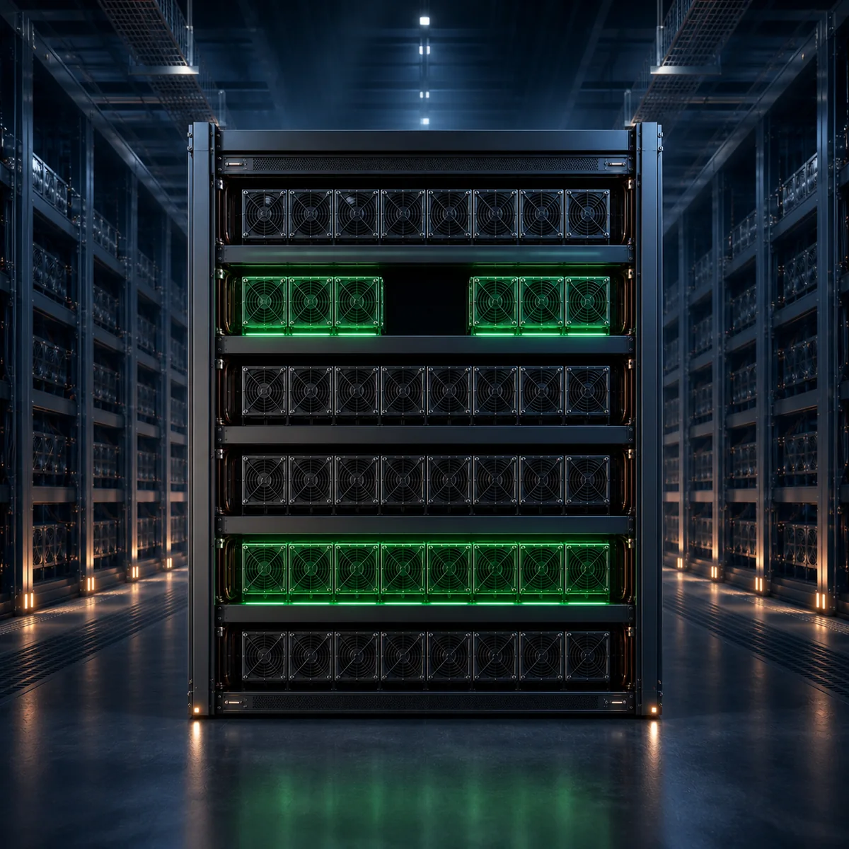Concept image of an ASIC rack arranged as Hexagram 14, with lines two and five illuminated green